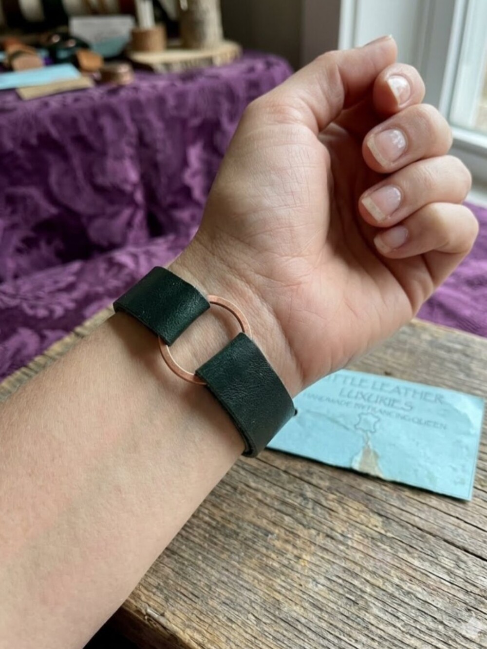 Handmade Genuine Leather Copper Karma Circle Bracelet Green